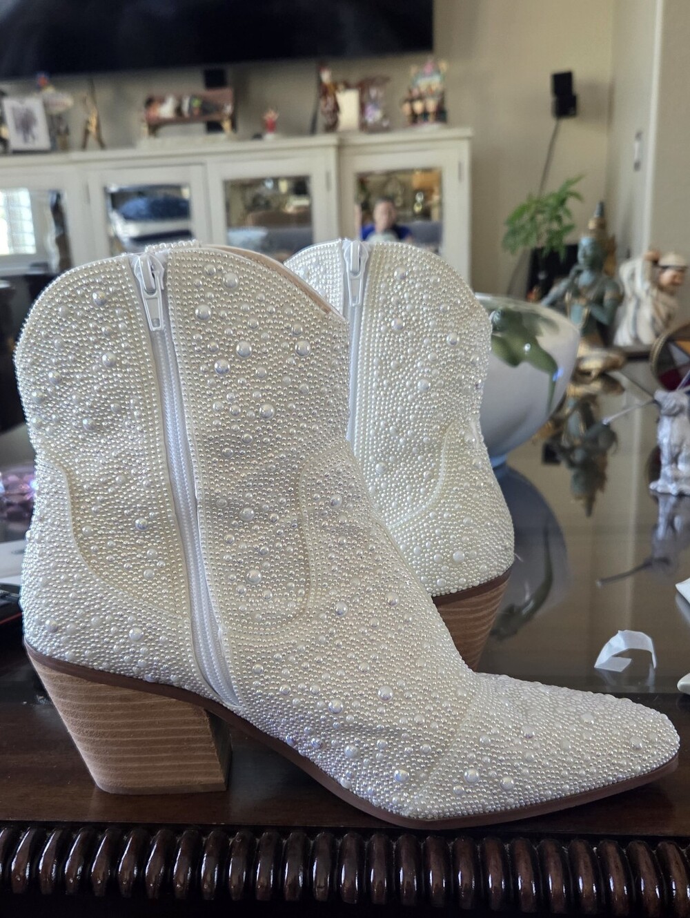 Betsey Johnson Pearl-Embellished White Western Ankle Boots